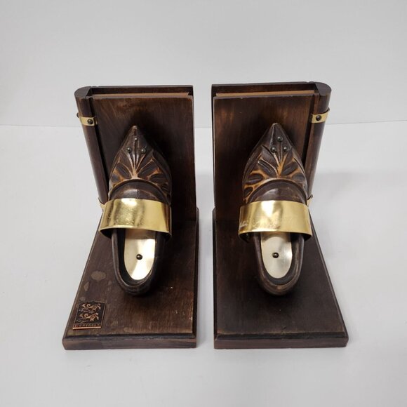 Vintage Normandie Wood Clog Shoes Design Bookends Pair Brown Rustic Primitive - Picture 7 of 13